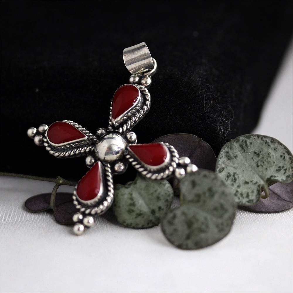 Taxco Mexico Sterling Silver 925 Red Stone Cross Pendant TR-165 Vintage